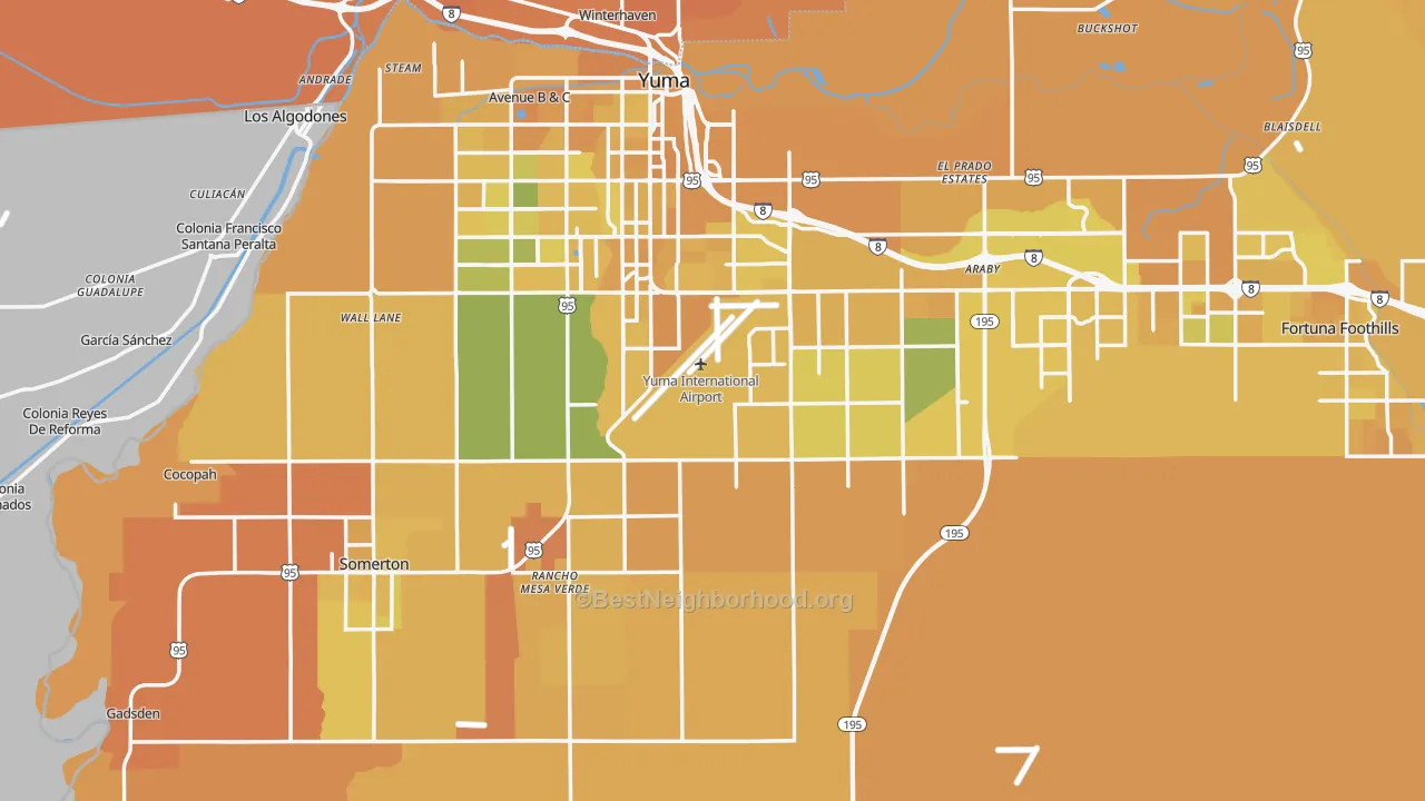 Map of the best neighborhoods in the Yuma County area, with better matches in green and worse matches in red