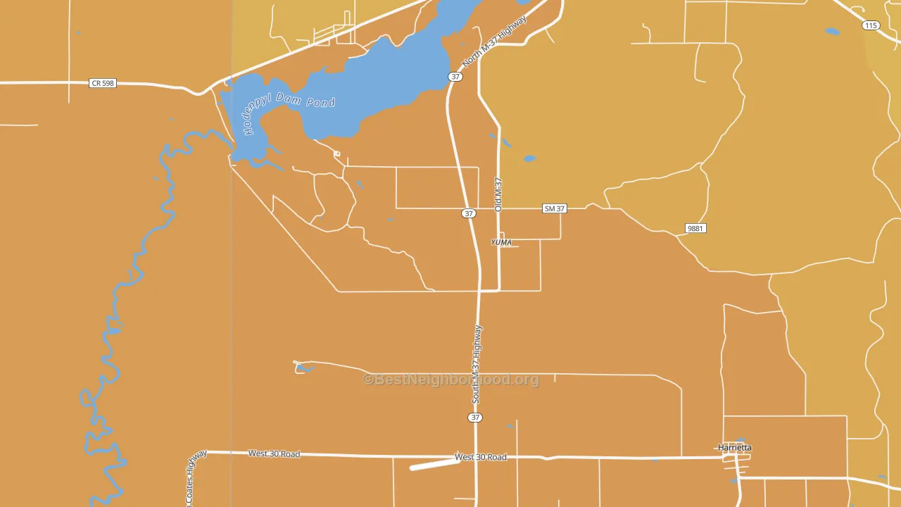 Map of the best neighborhoods in the Yuma area, with better matches in green and worse matches in red