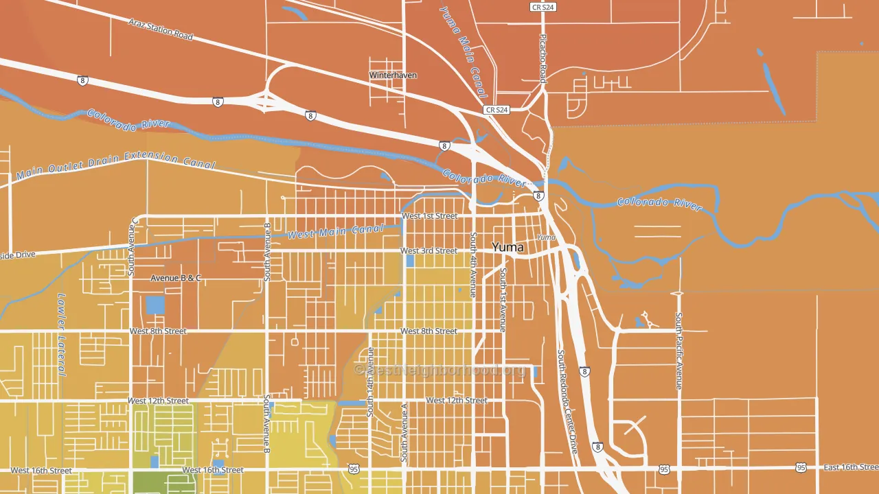 Map of the best neighborhoods in the Yuma Townsite, Yuma area, with better matches in green and worse matches in red