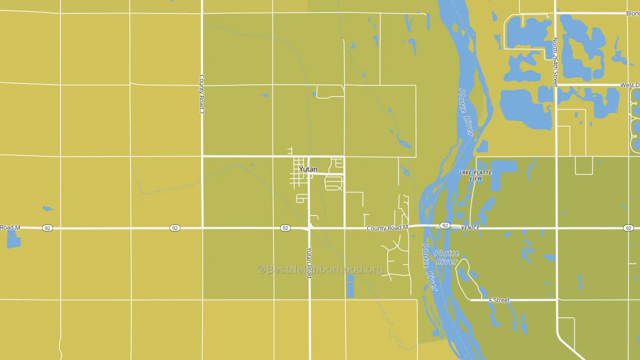Map of the best neighborhoods in the Yutan area, with better matches in green and worse matches in red