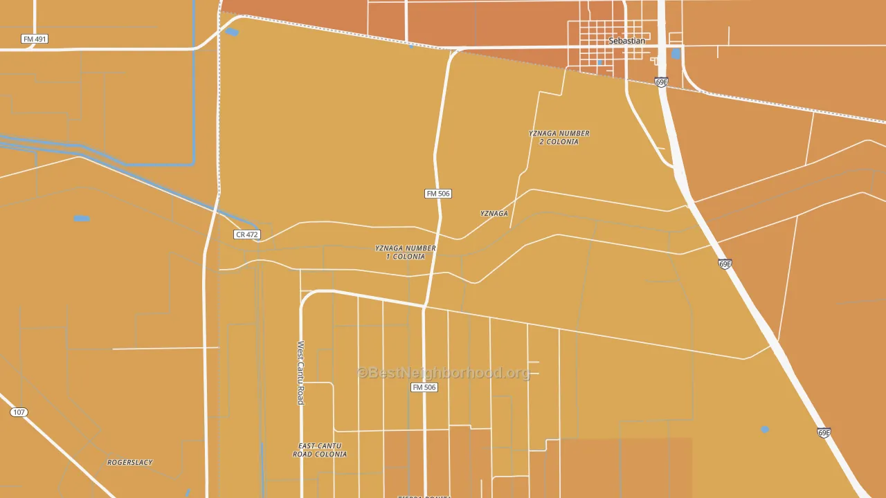 Map of the best neighborhoods in the Yznaga area, with better matches in green and worse matches in red