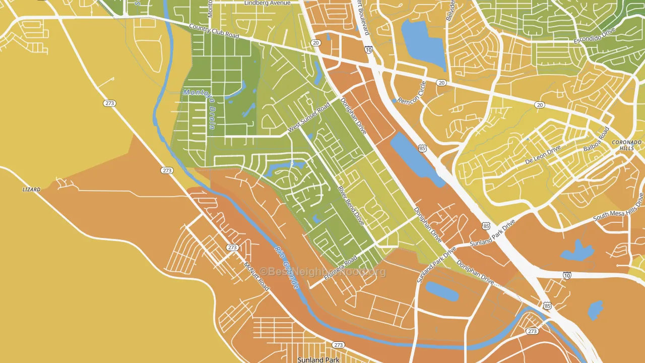 Map of the best neighborhoods in the Zach White, El Paso area, with better matches in green and worse matches in red