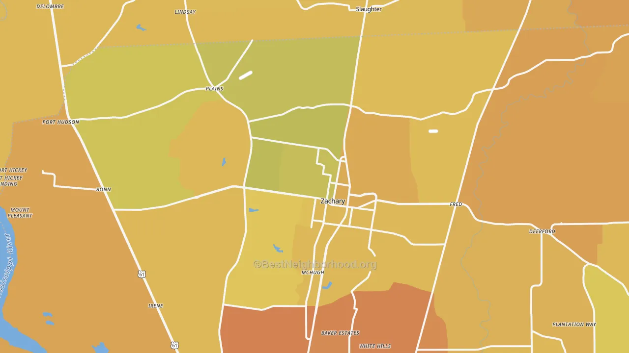 Map of the best neighborhoods in the Zachary area, with better matches in green and worse matches in red