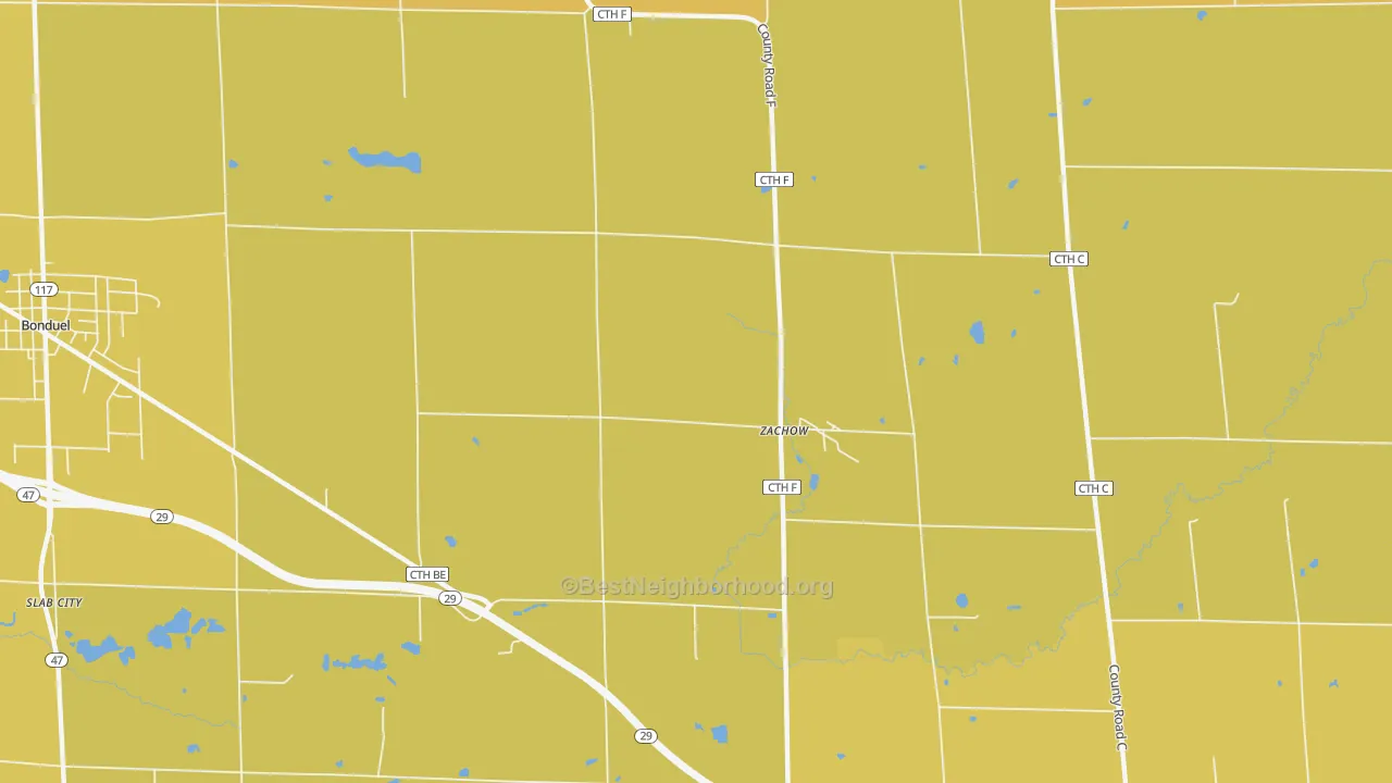 Map of the best neighborhoods in the Zachow area, with better matches in green and worse matches in red