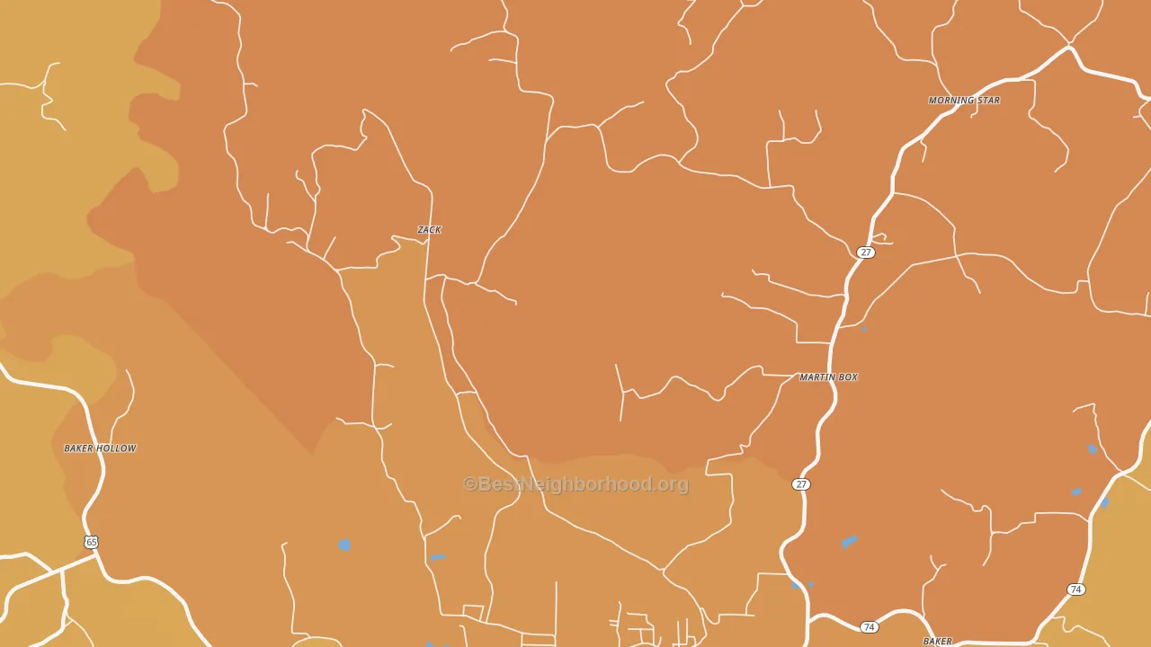 Map of the best neighborhoods in the Zack area, with better matches in green and worse matches in red