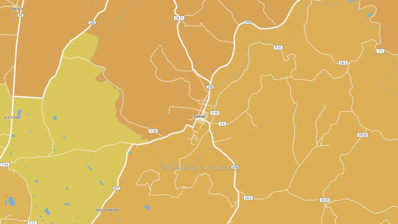 Map of the best neighborhoods in the Zaleski area, with better matches in green and worse matches in red