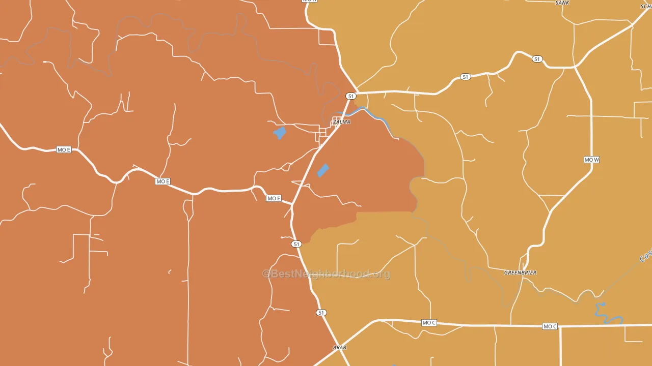 Map of the best neighborhoods in the Zalma area, with better matches in green and worse matches in red