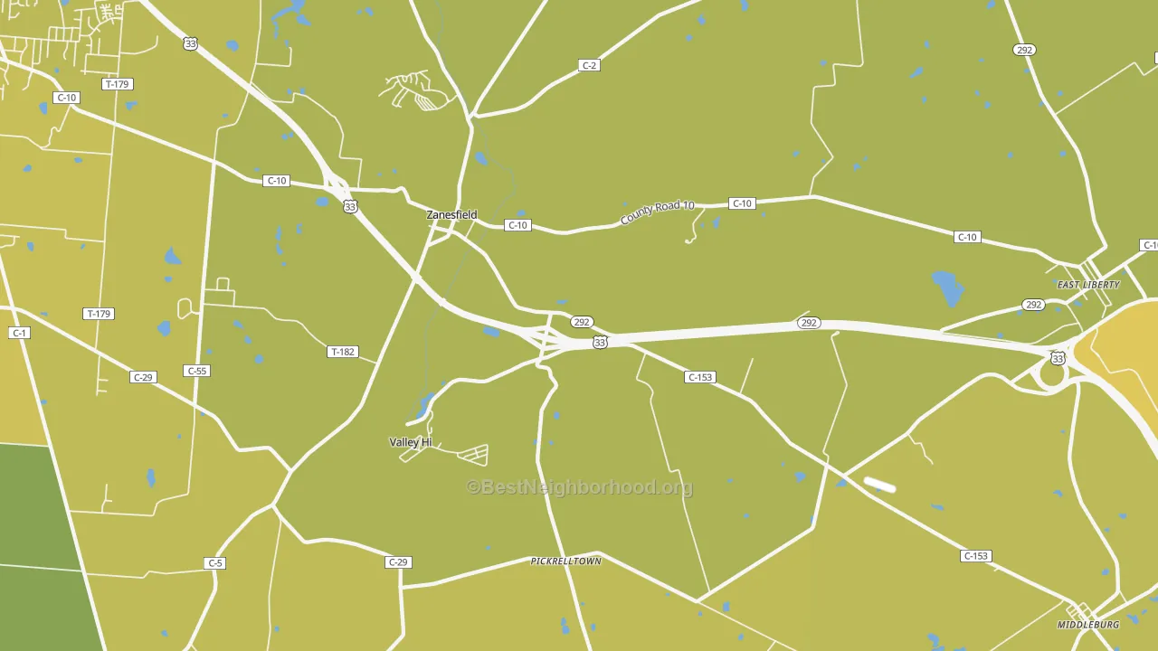 Map of the best neighborhoods in the Zanesfield area, with better matches in green and worse matches in red