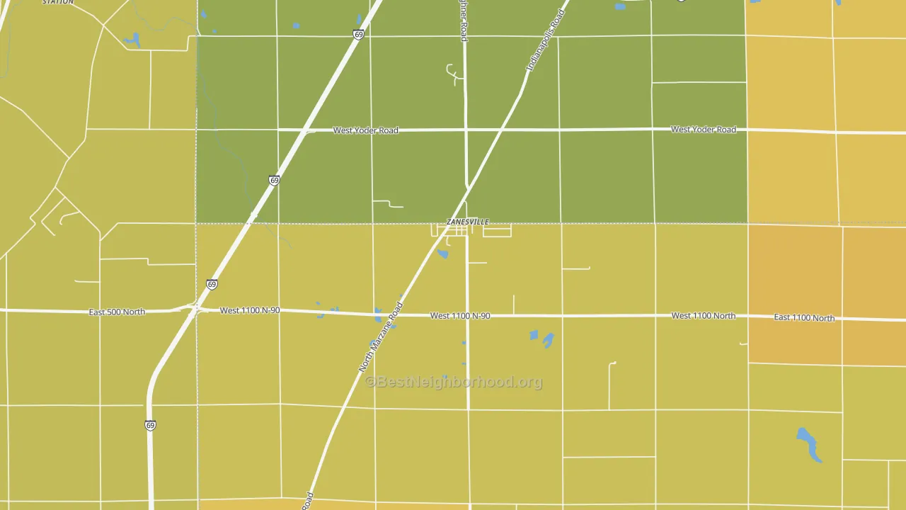 Map of the best neighborhoods in the Zanesville area, with better matches in green and worse matches in red