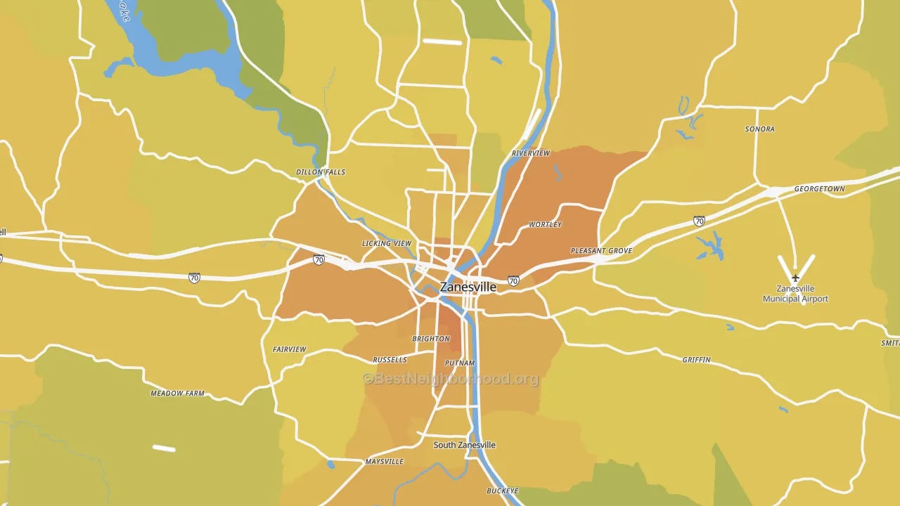 Map of the best neighborhoods in the Zanesville area, with better matches in green and worse matches in red