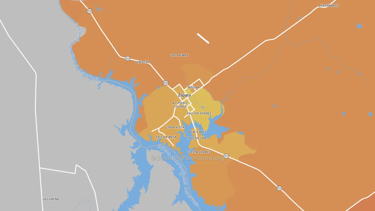 Map of the best neighborhoods in the Zapata County area, with better matches in green and worse matches in red