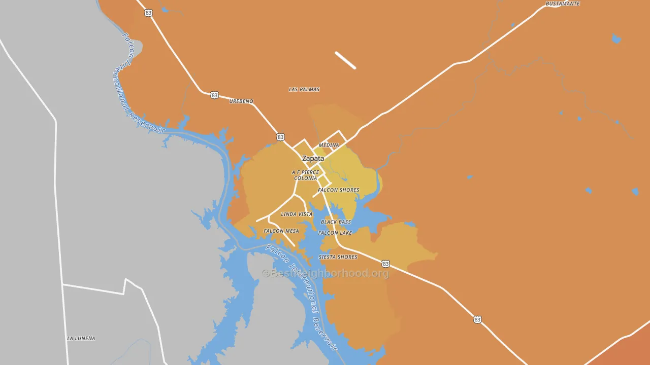 Map of the best neighborhoods in the Zapata area, with better matches in green and worse matches in red