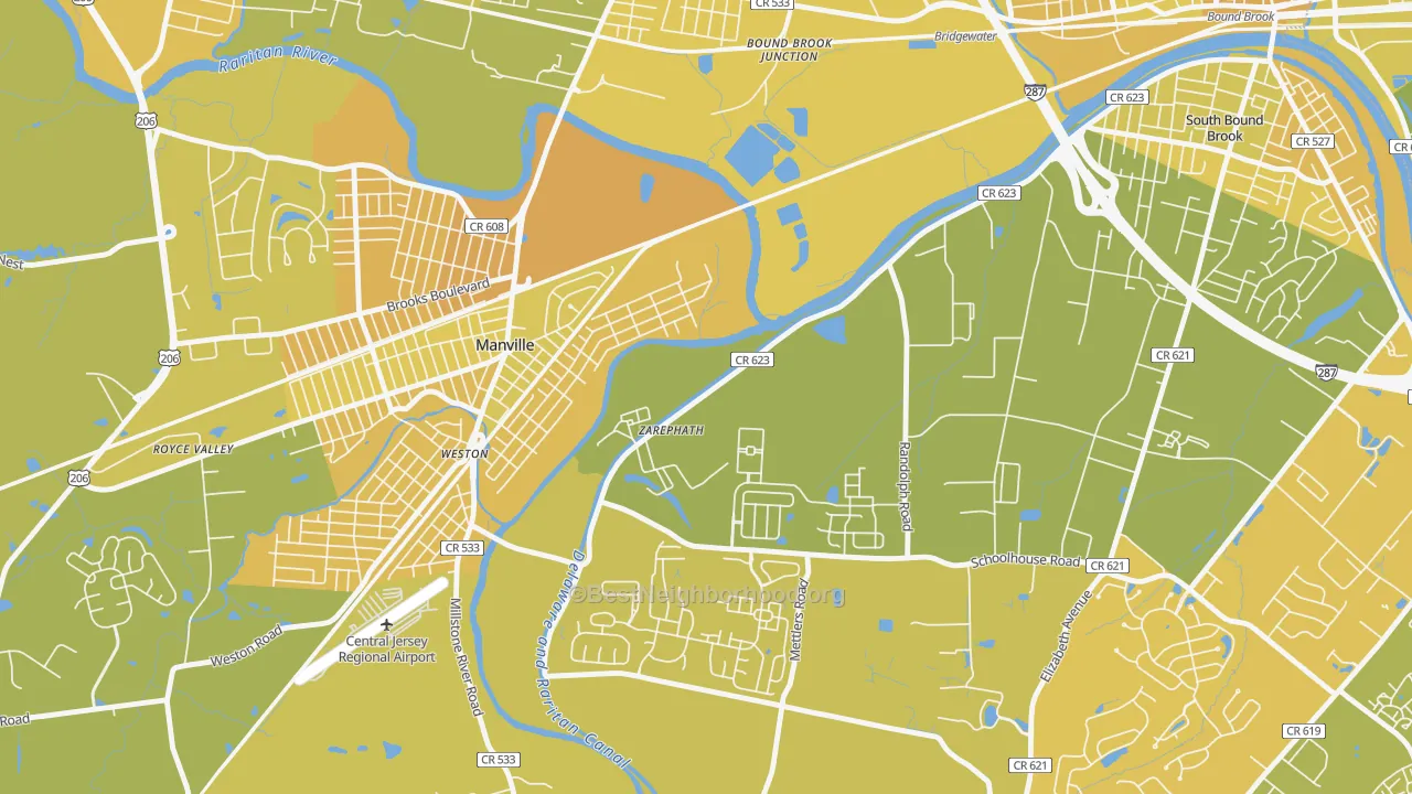 Map of the best neighborhoods in the Zarephath area, with better matches in green and worse matches in red