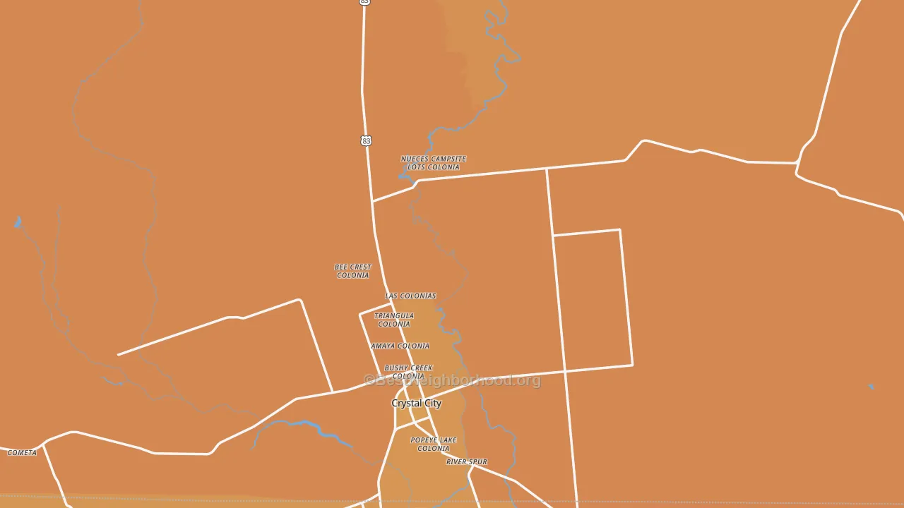 Map of the best neighborhoods in the Zavala County area, with better matches in green and worse matches in red