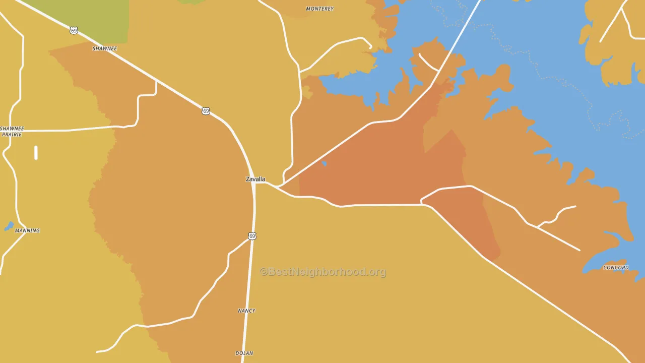 Map of the best neighborhoods in the Zavalla area, with better matches in green and worse matches in red