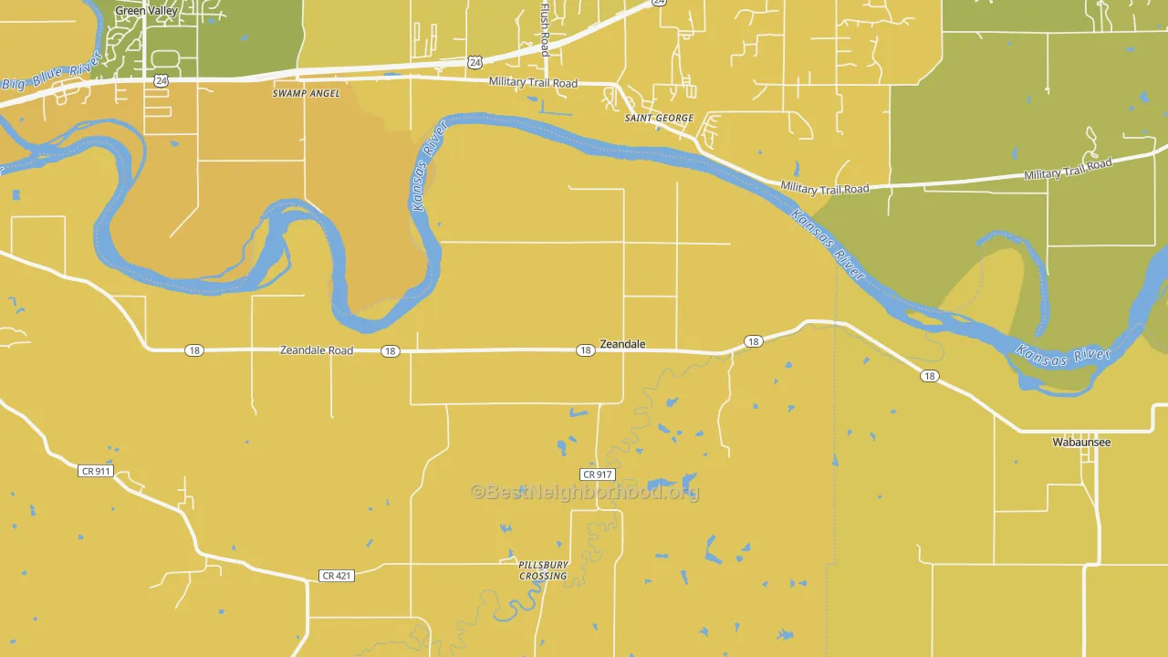 Map of the best neighborhoods in the Zeandale area, with better matches in green and worse matches in red