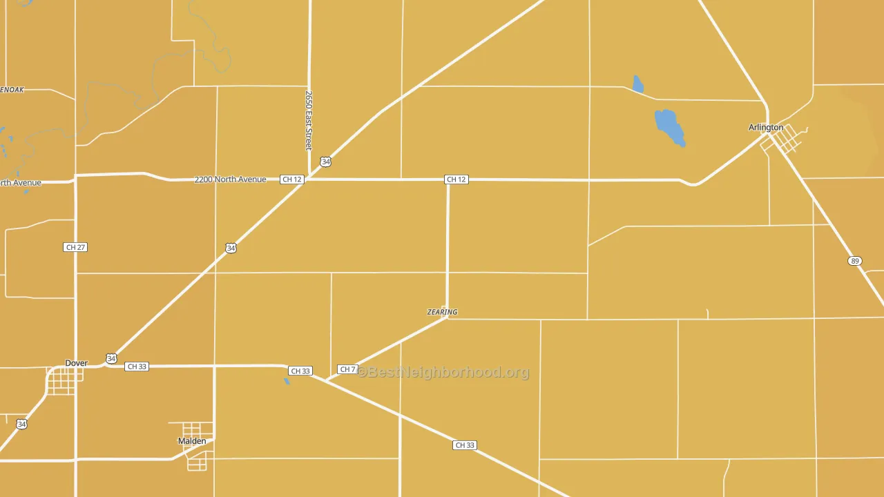 Map of the best neighborhoods in the Zearing area, with better matches in green and worse matches in red