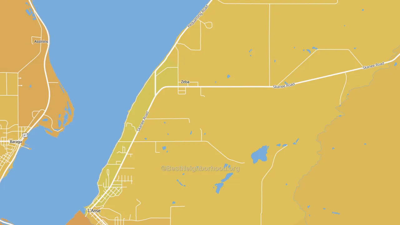 Map of the best neighborhoods in the Zeba area, with better matches in green and worse matches in red
