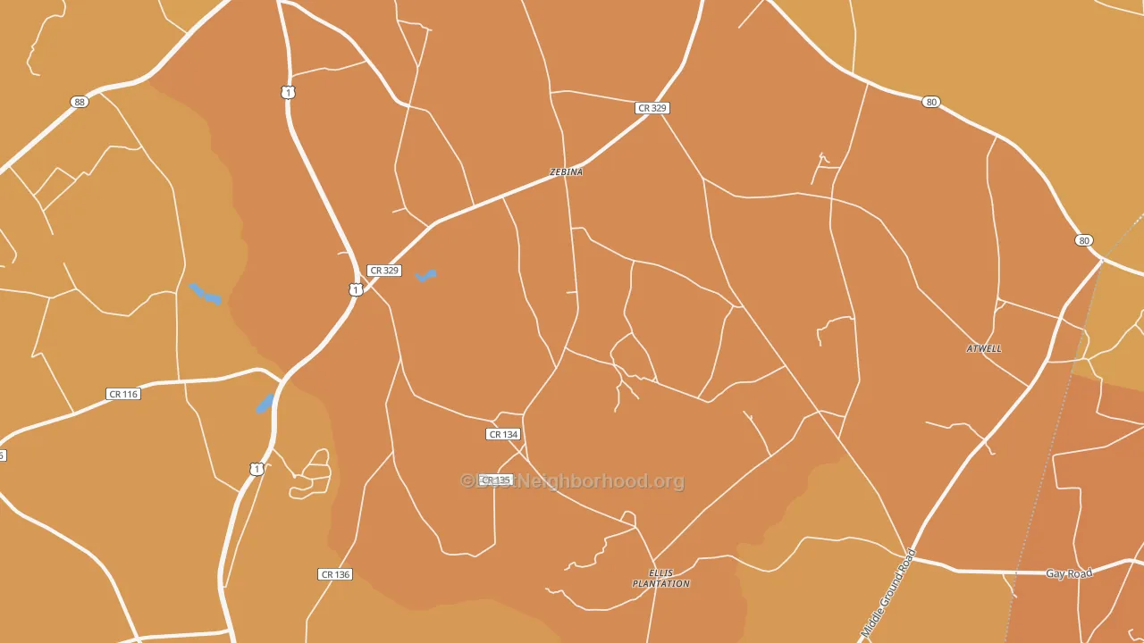 Map of the best neighborhoods in the Zebina area, with better matches in green and worse matches in red