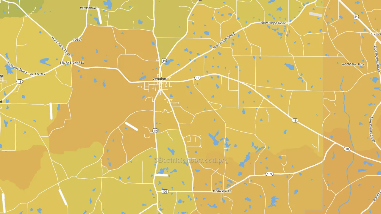 Map of the best neighborhoods in the Zebulon area, with better matches in green and worse matches in red