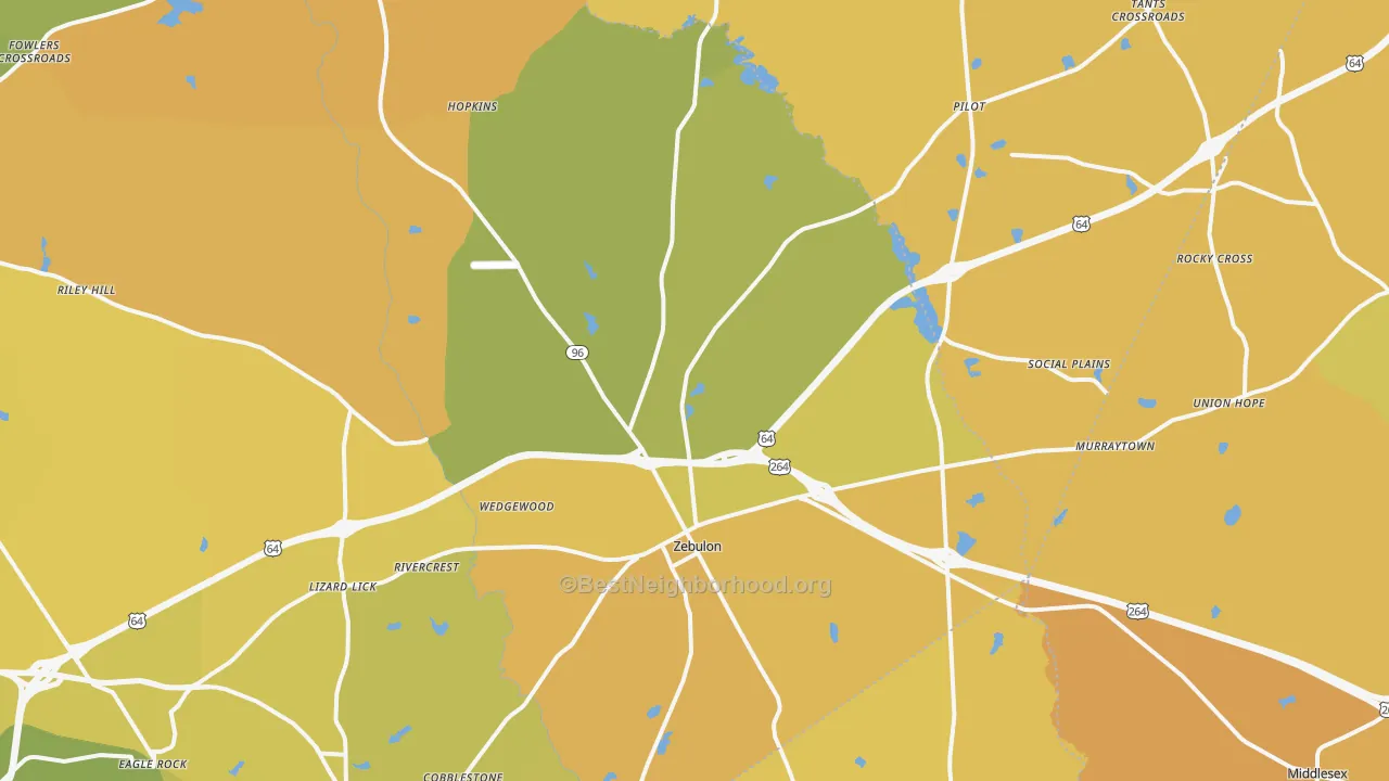 Map of the best neighborhoods in the Zebulon area, with better matches in green and worse matches in red