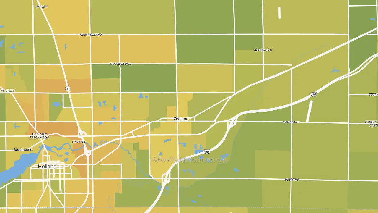 Map of the best neighborhoods in the Zeeland area, with better matches in green and worse matches in red