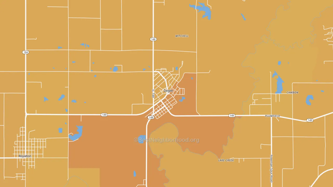 Map of the best neighborhoods in the Zeigler area, with better matches in green and worse matches in red