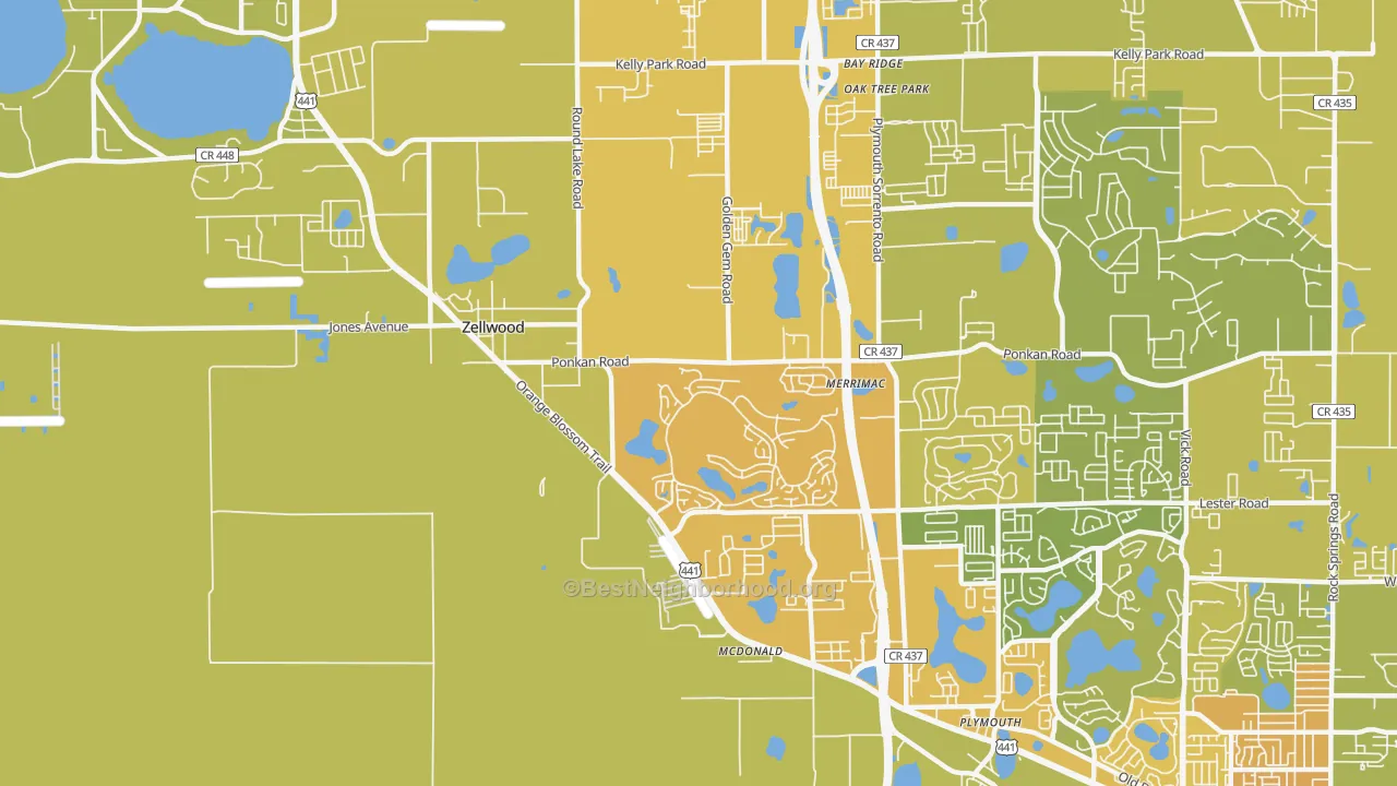 Map of the best neighborhoods in the Zellwood area, with better matches in green and worse matches in red