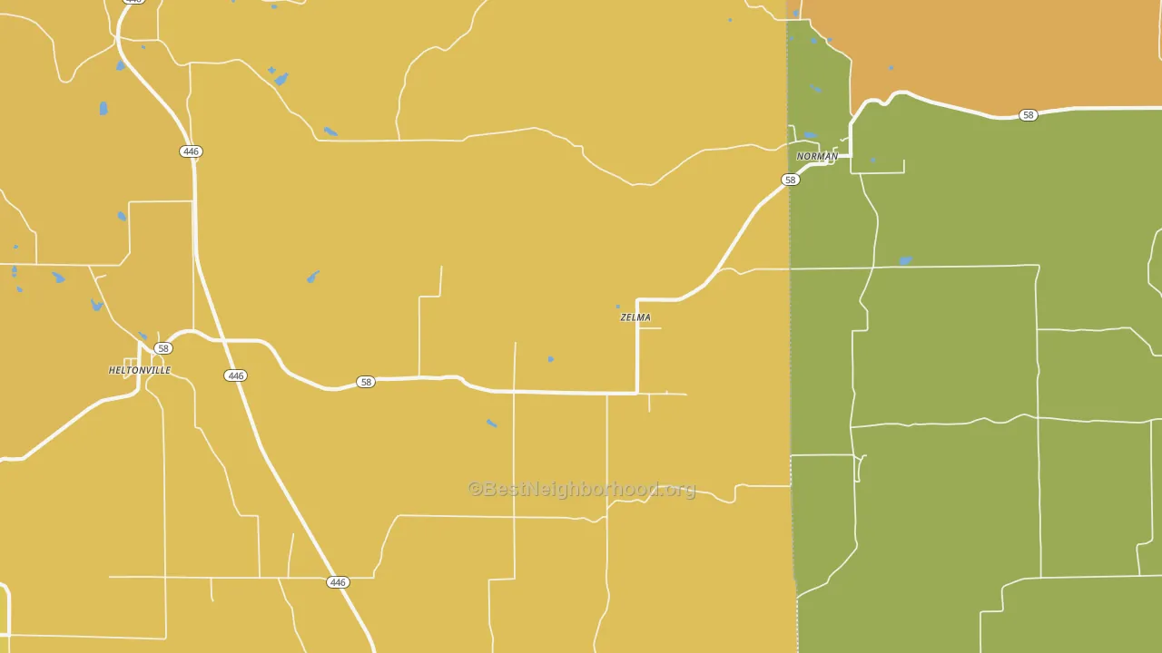 Map of the best neighborhoods in the Zelma area, with better matches in green and worse matches in red
