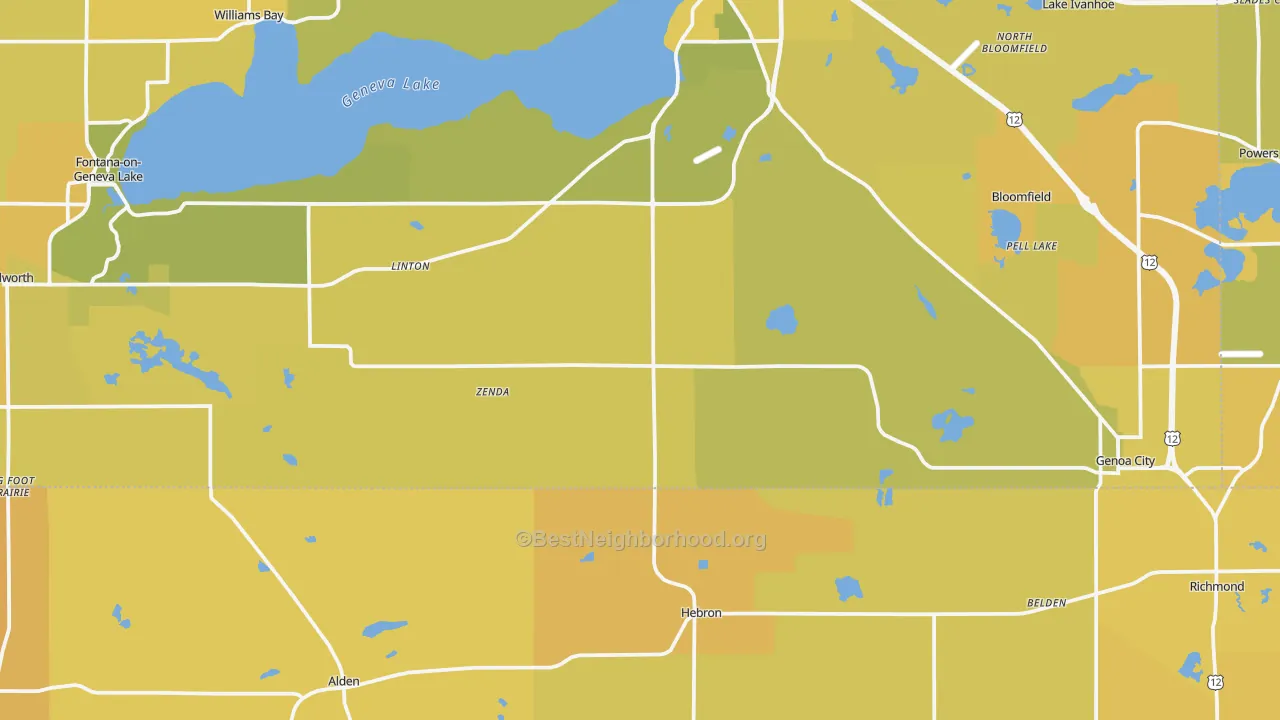 Map of the best neighborhoods in the Zenda area, with better matches in green and worse matches in red
