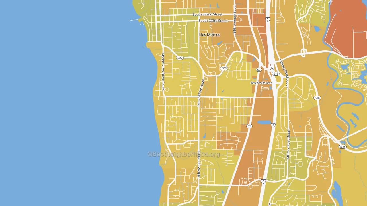 Map of the best neighborhoods in the Zenith, Des Moines area, with better matches in green and worse matches in red