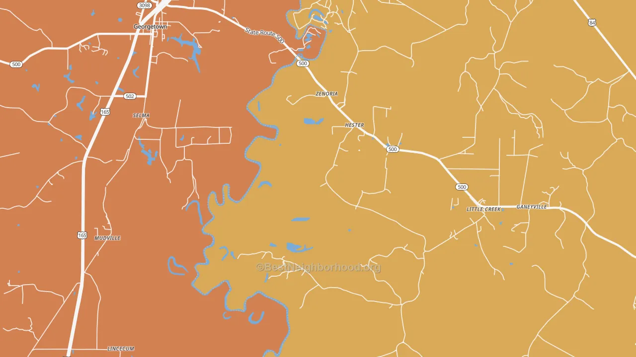 Map of the best neighborhoods in the Zenoria area, with better matches in green and worse matches in red