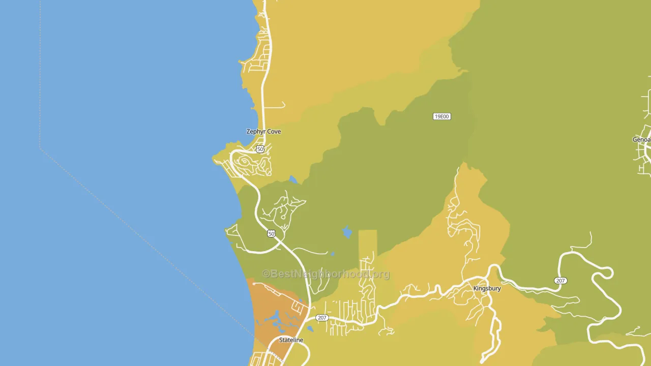 Map of the best neighborhoods in the Zephyr Cove area, with better matches in green and worse matches in red