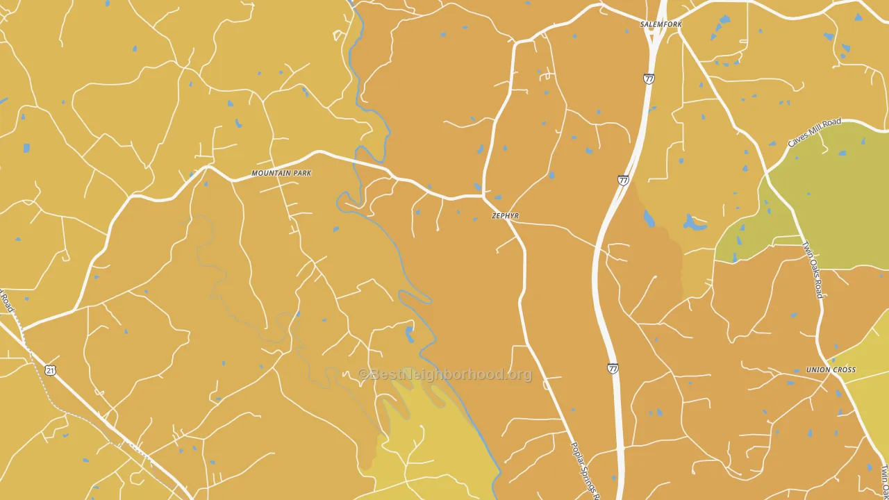 Map of the best neighborhoods in the Zephyr area, with better matches in green and worse matches in red