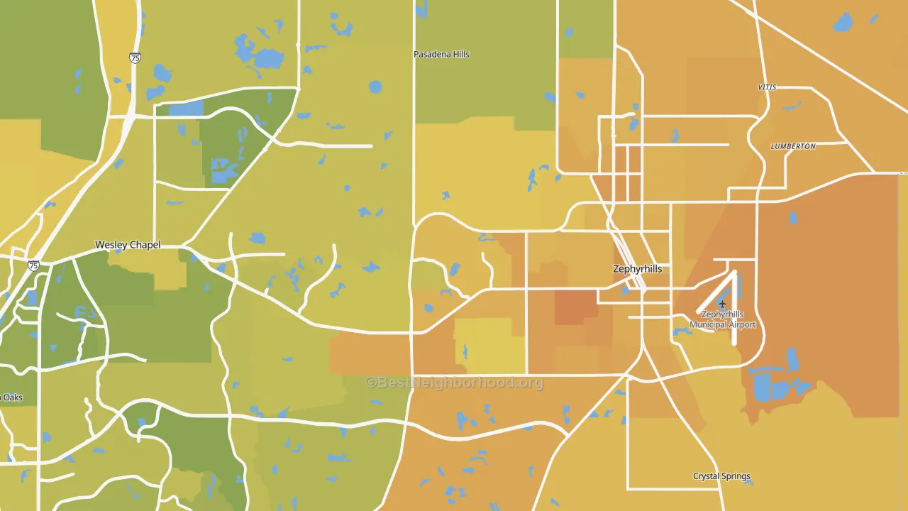 Map of the best neighborhoods in the Zephyrhills area, with better matches in green and worse matches in red