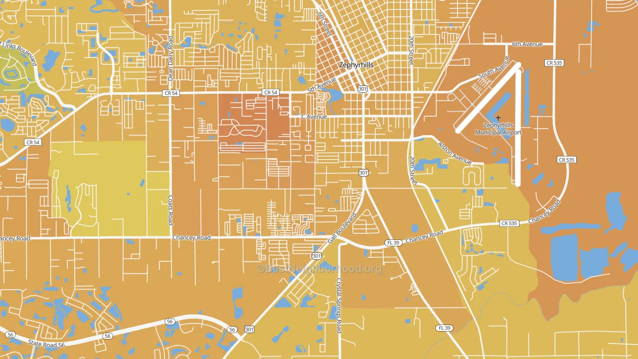 Map of the best neighborhoods in the Zephyrhills South area, with better matches in green and worse matches in red