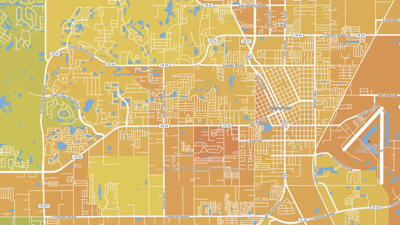 Map of the best neighborhoods in the Zephyrhills West area, with better matches in green and worse matches in red