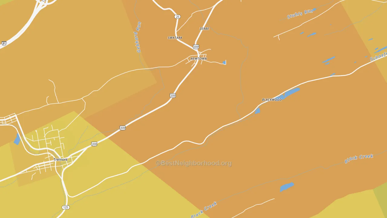 Map of the best neighborhoods in the Zerbe area, with better matches in green and worse matches in red