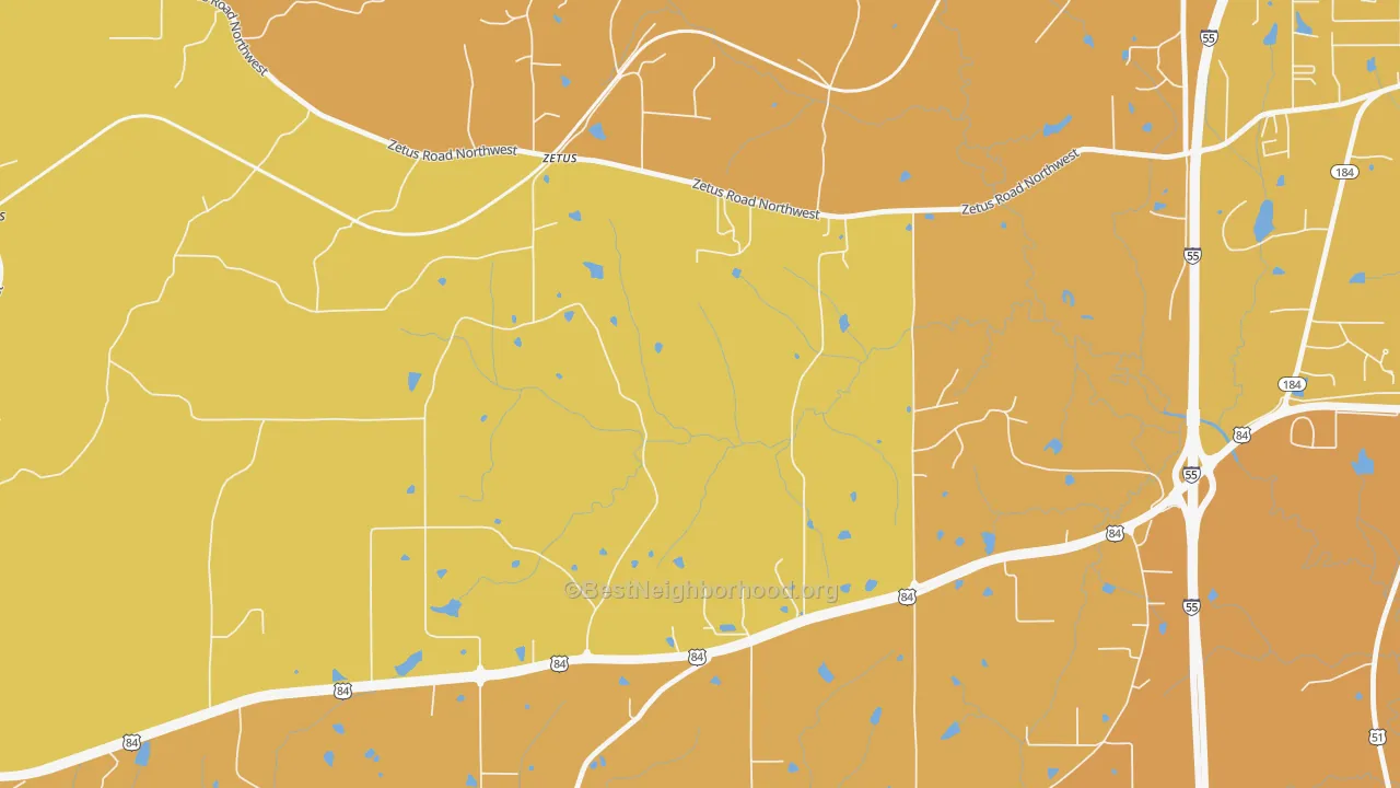 Map of the best neighborhoods in the Zetus area, with better matches in green and worse matches in red