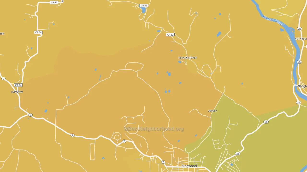 Map of the best neighborhoods in the Zevely area, with better matches in green and worse matches in red