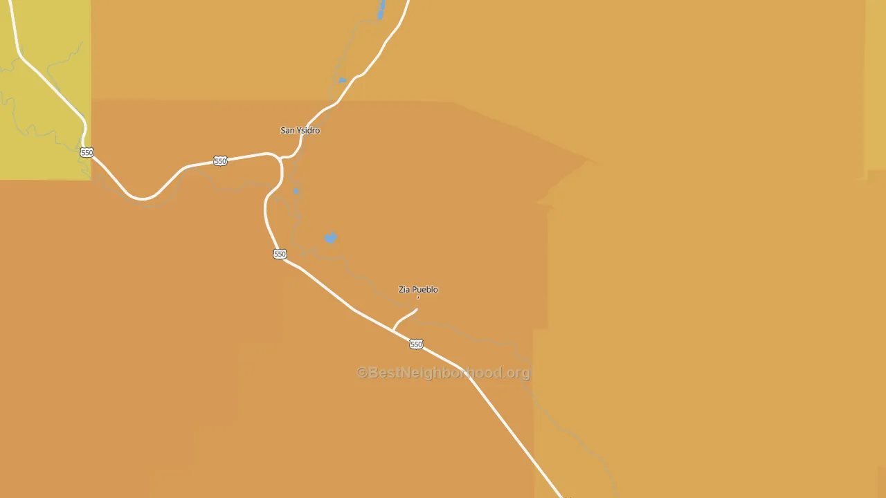 Map of the best neighborhoods in the Zia Pueblo area, with better matches in green and worse matches in red