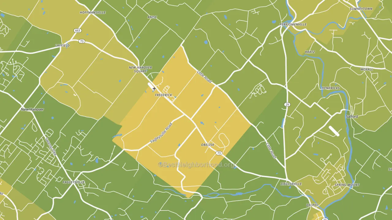Map of the best neighborhoods in the Zieglerville area, with better matches in green and worse matches in red