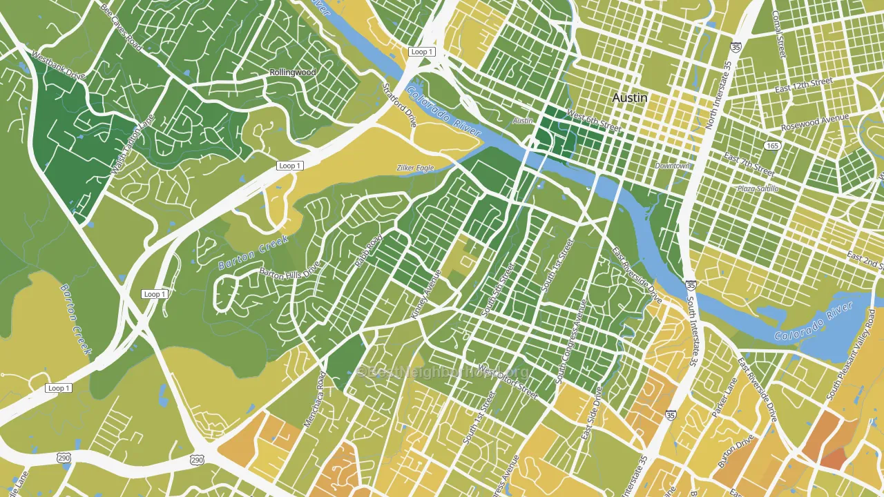 Map of the best neighborhoods in the Zilker, Austin area, with better matches in green and worse matches in red