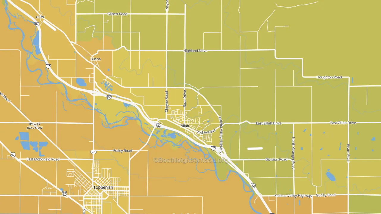 Map of the best neighborhoods in the Zillah area, with better matches in green and worse matches in red