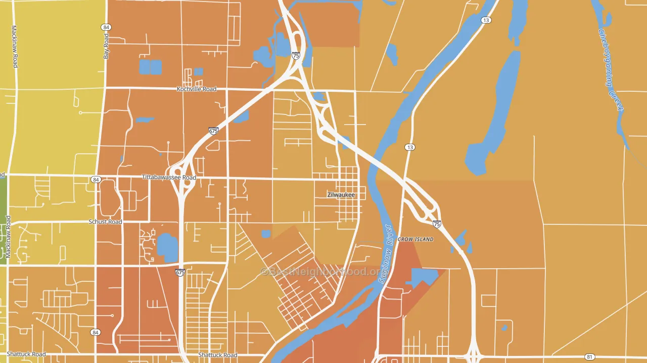 Map of the best neighborhoods in the Zilwaukee area, with better matches in green and worse matches in red