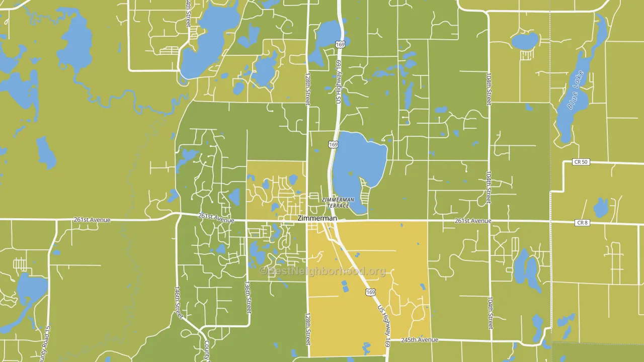 Map of the best neighborhoods in the Zimmerman area, with better matches in green and worse matches in red