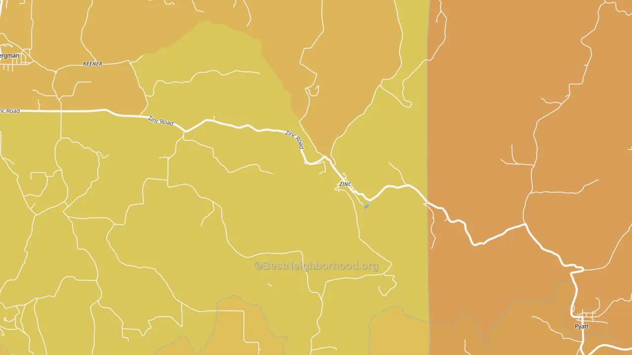 Map of the best neighborhoods in the Zinc area, with better matches in green and worse matches in red