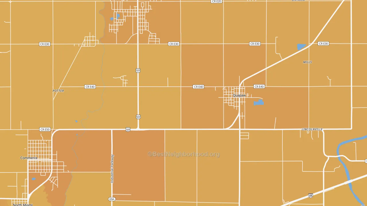 Map of the best neighborhoods in the Zincville area, with better matches in green and worse matches in red