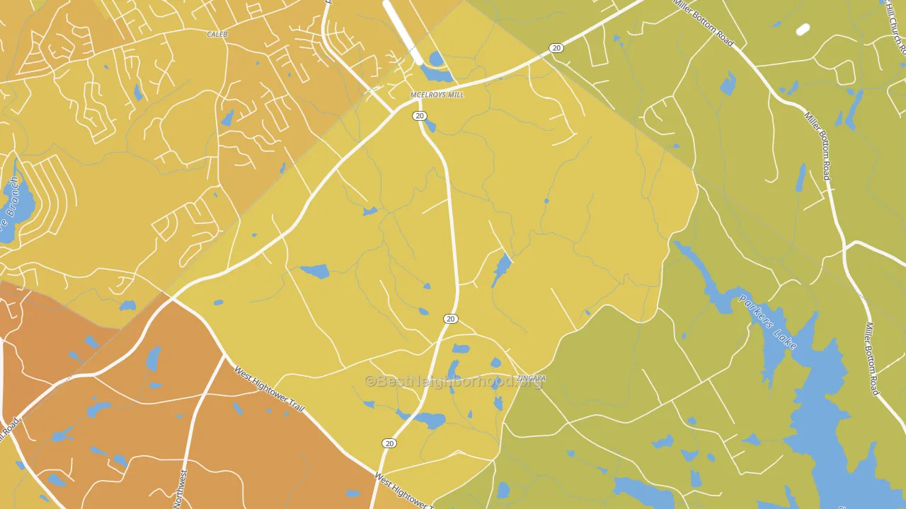 Map of the best neighborhoods in the Zingara area, with better matches in green and worse matches in red
