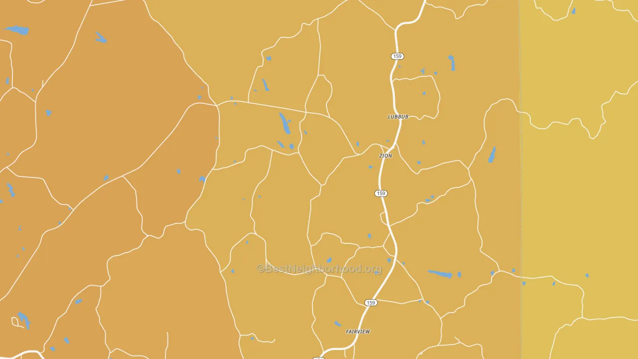Map of the best neighborhoods in the Zion area, with better matches in green and worse matches in red